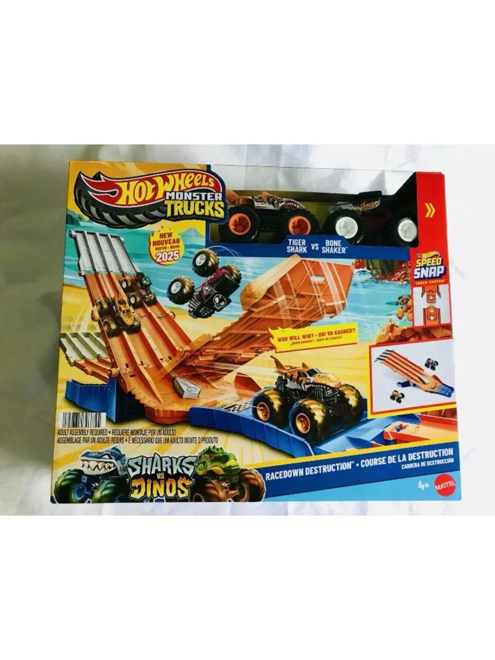 Hot Wheels Monster Trucks Race Down Destruction Track Sharks VS Dinos Playset